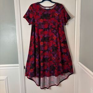 LuLaRoe S Carly Swing Dress red, purple, orange print one breast pocket